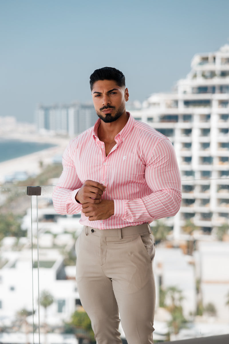 Father Sons Super Slim Stretch Weiß/Rosa Streifendruck Langarm mit Button-Down-Kragen – FS888