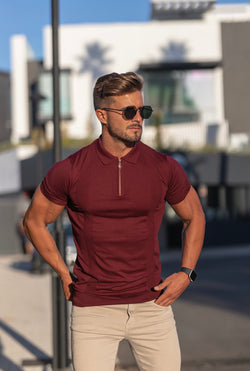 Father Sons Classic Fig Burgundy and Gold Zip Knitted Short Sleeve Polo - FSH466