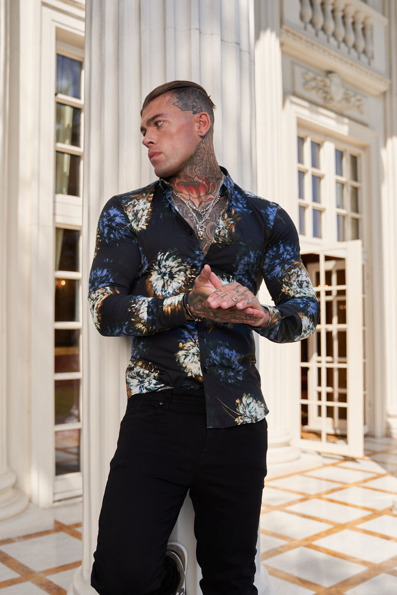 Father Sons Super Slim Stretch Black Base Blurred Flower Print Long Sleeve with Button Down Collar - FS800