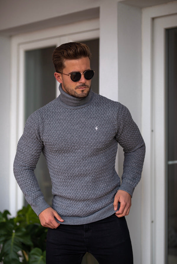 Anthrazit gestrickter, superschlanker Rollkragenpullover von Father Sons mit Metallaufkleber - FSJ027