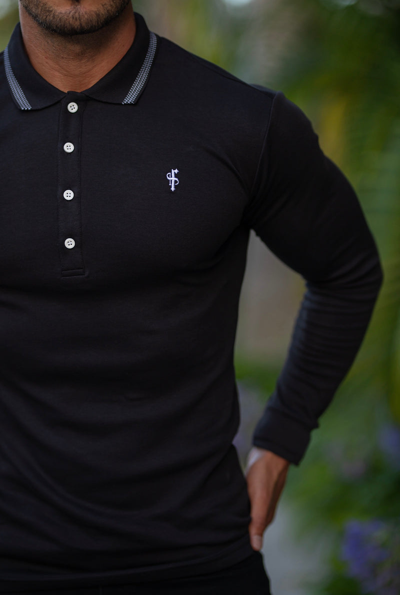Father Sons klassisches schwarzes Pima-Poloshirt mit Kontrastkragen, langärmlig – FSH426