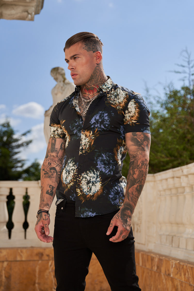 Father Sons Super Slim Stretch Black Base Blurred Flower Print Short Sleeve with Button Down Collar - FS801