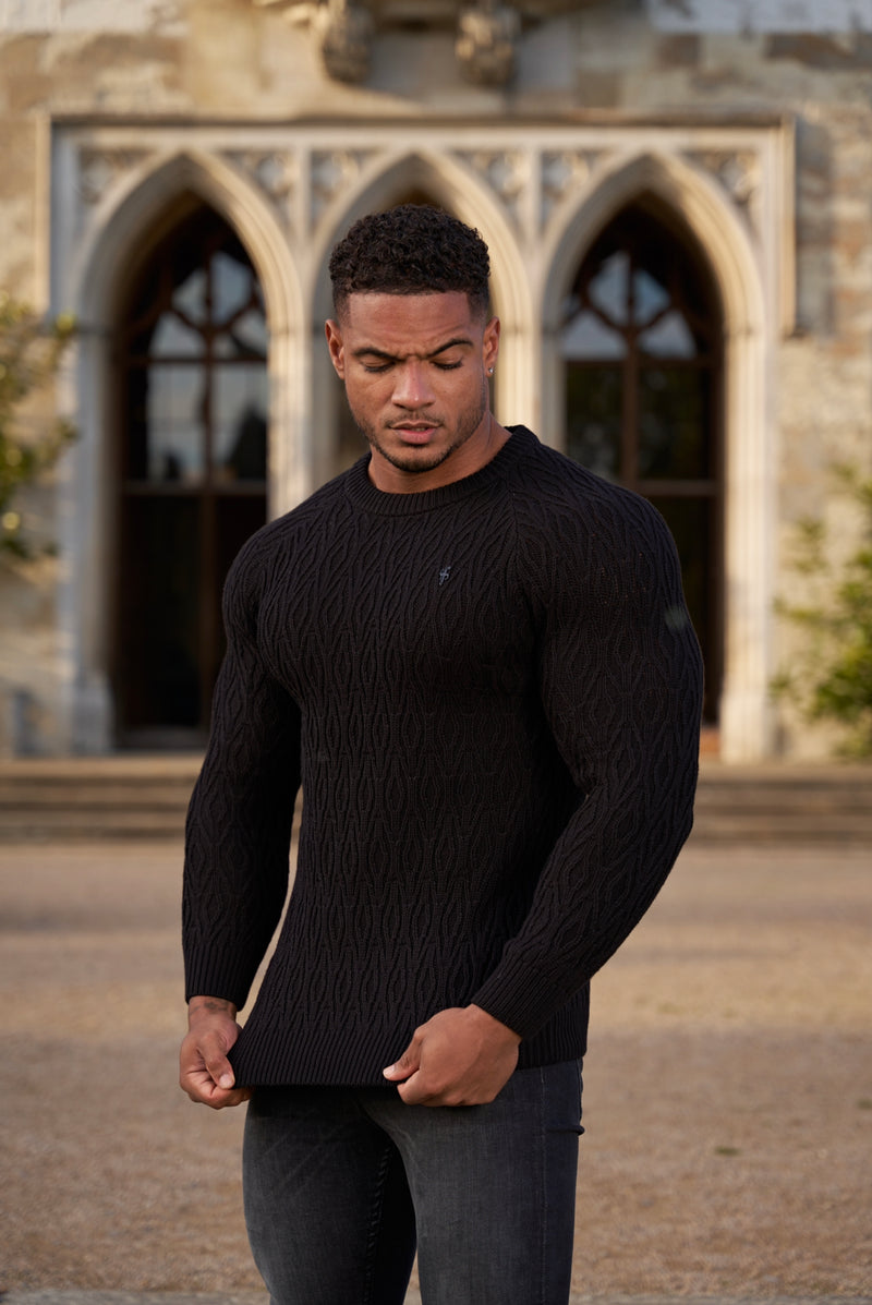 Father Sons Black Knitted Elongated Diamond Crew Super Slim Raglan Jumper With Metal Decal - FSN051