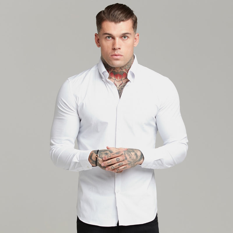 Father Sons klassisches weißes reguläres Stretch-Hemd mit Button-Down-Kragen und weißer Stickerei – FS589