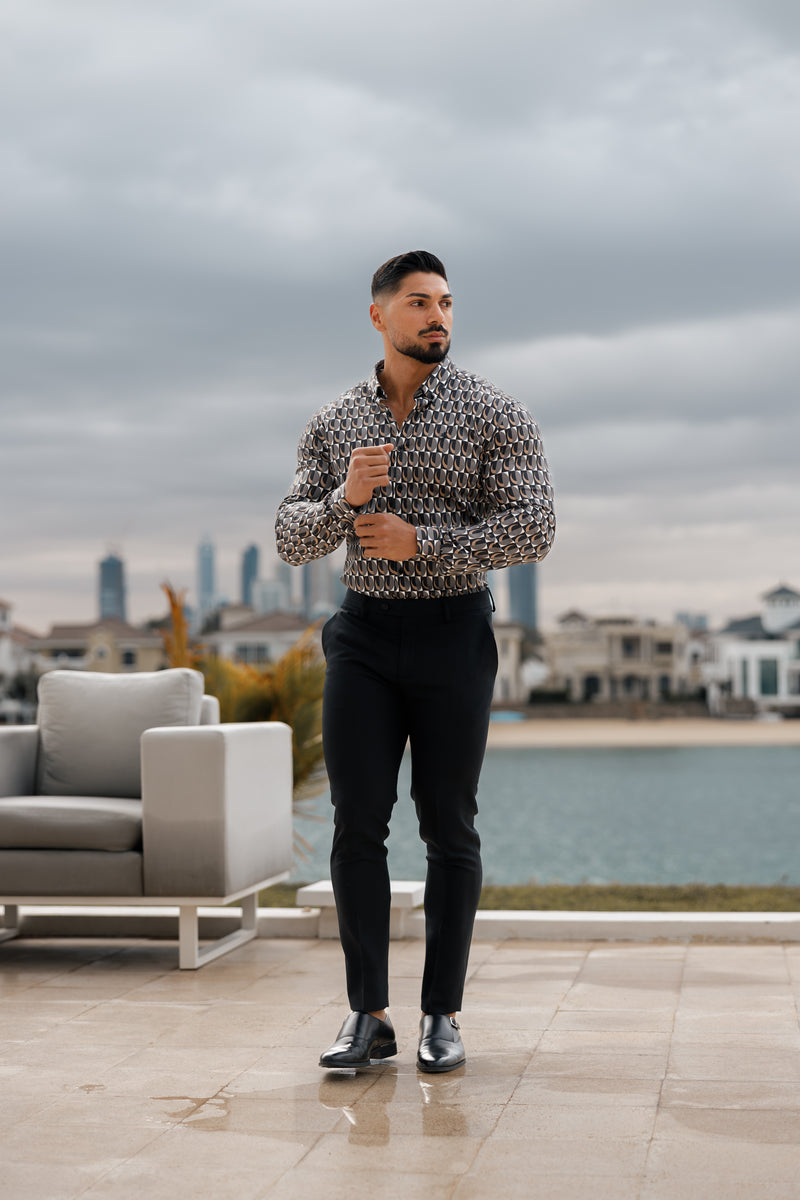 Father Sons Super Slim Stretch Black Multi Retro Print Long Sleeve with Button Down Collar - FS910