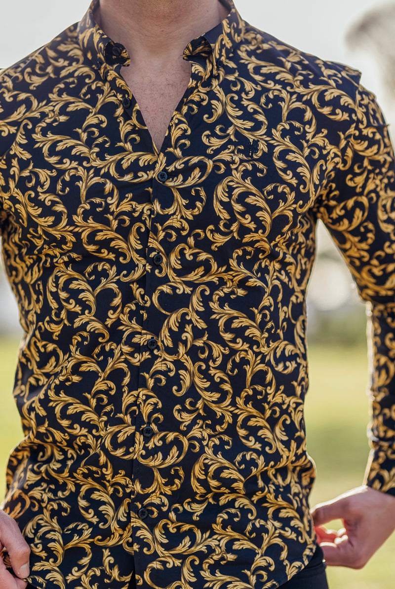 Father Sons Super Slim Stretch Black / Gold Scroll Print Long Sleeve with Button Down Collar - FS808