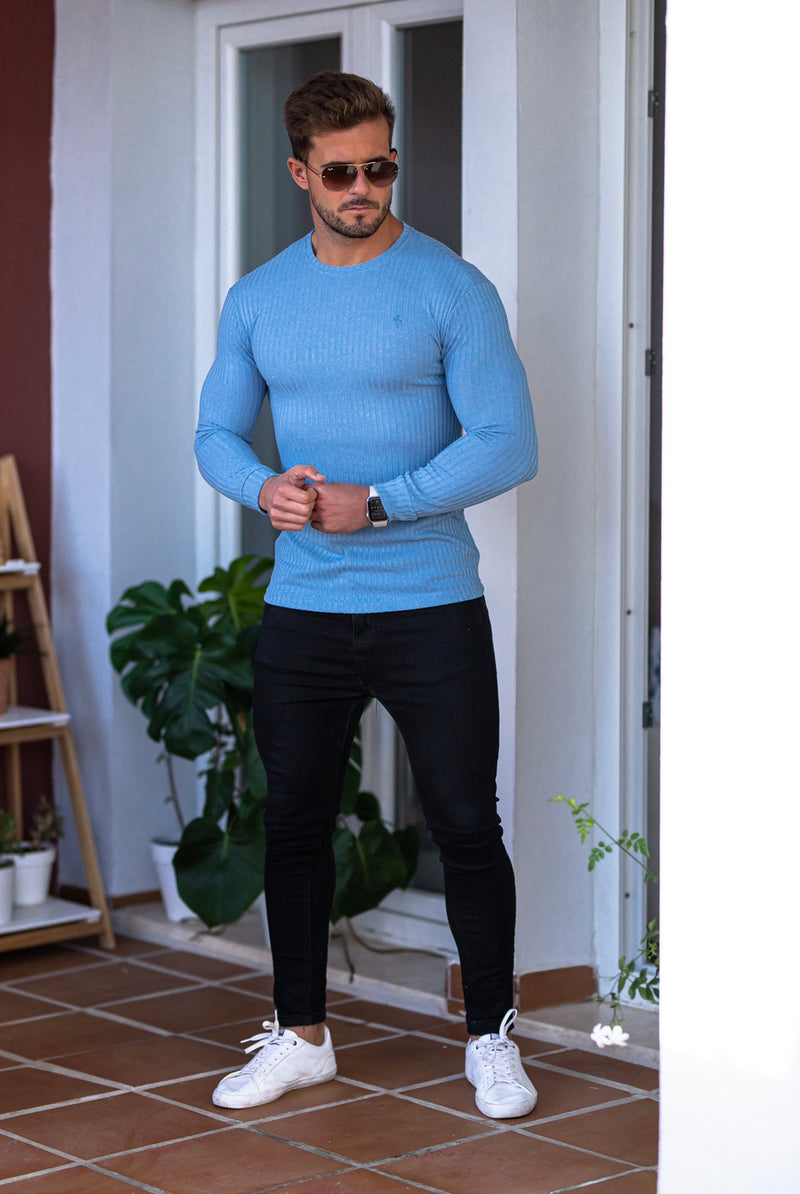 Klassischer gerippter Strickpullover von Father Sons in Babyblau – FSH594