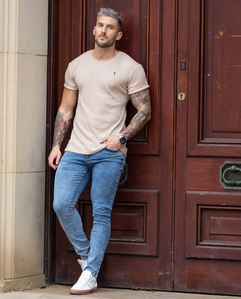 Father Sons Classic Beige/Navy Ribbed Knit Short Sleeve Super Slim Long Line Crew – FSH766