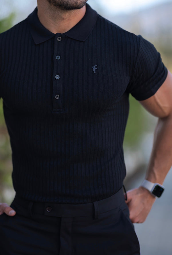 Father Sons klassisches schwarzes geripptes Poloshirt mit kurzen Ärmeln – FSH551