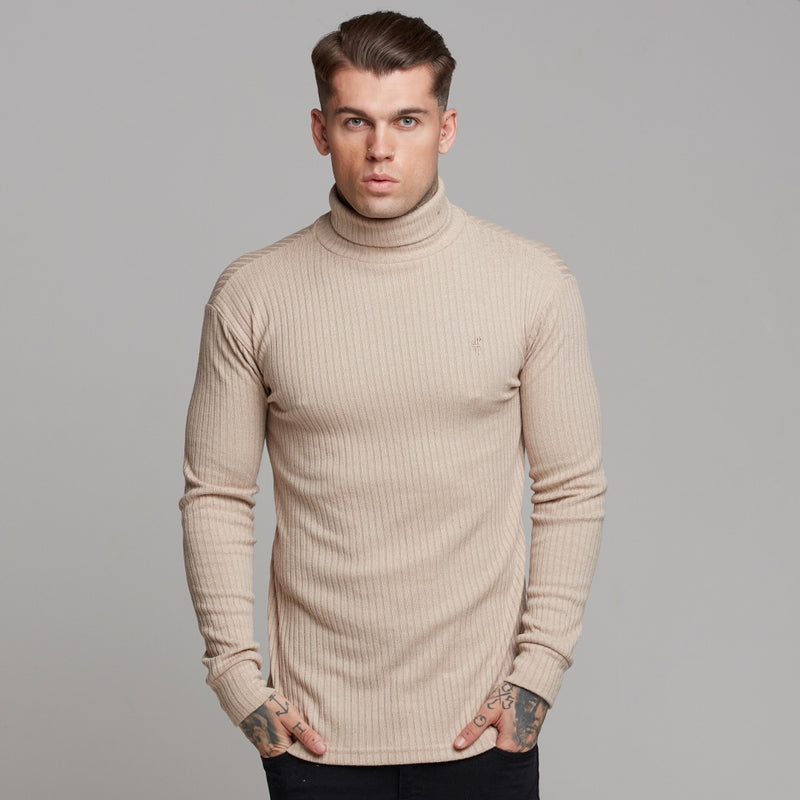 Klassischer beigefarbener Rollkragenpullover aus geripptem Strick von Father Sons – FSH292