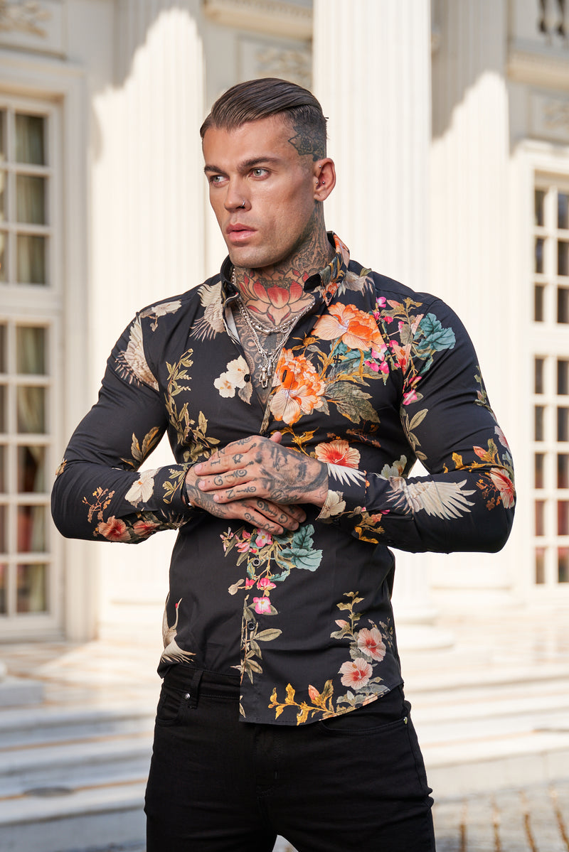 Father Sons Super Slim Stretch Black Crane Print Long Sleeve with Button Down Collar - FS772