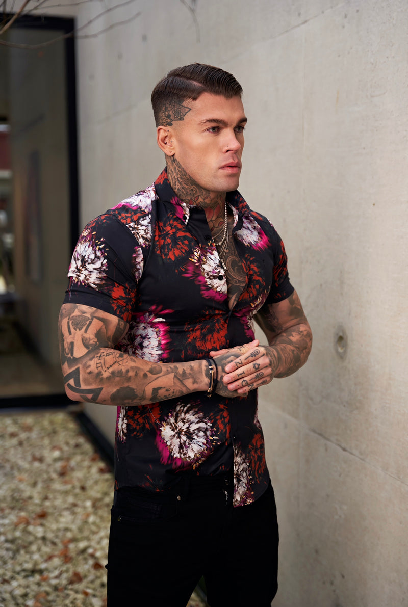 Father Sons Super Slim Stretch Black with Red / Pink Blurred Flower Print Short Sleeve with Button Down Collar - FS845