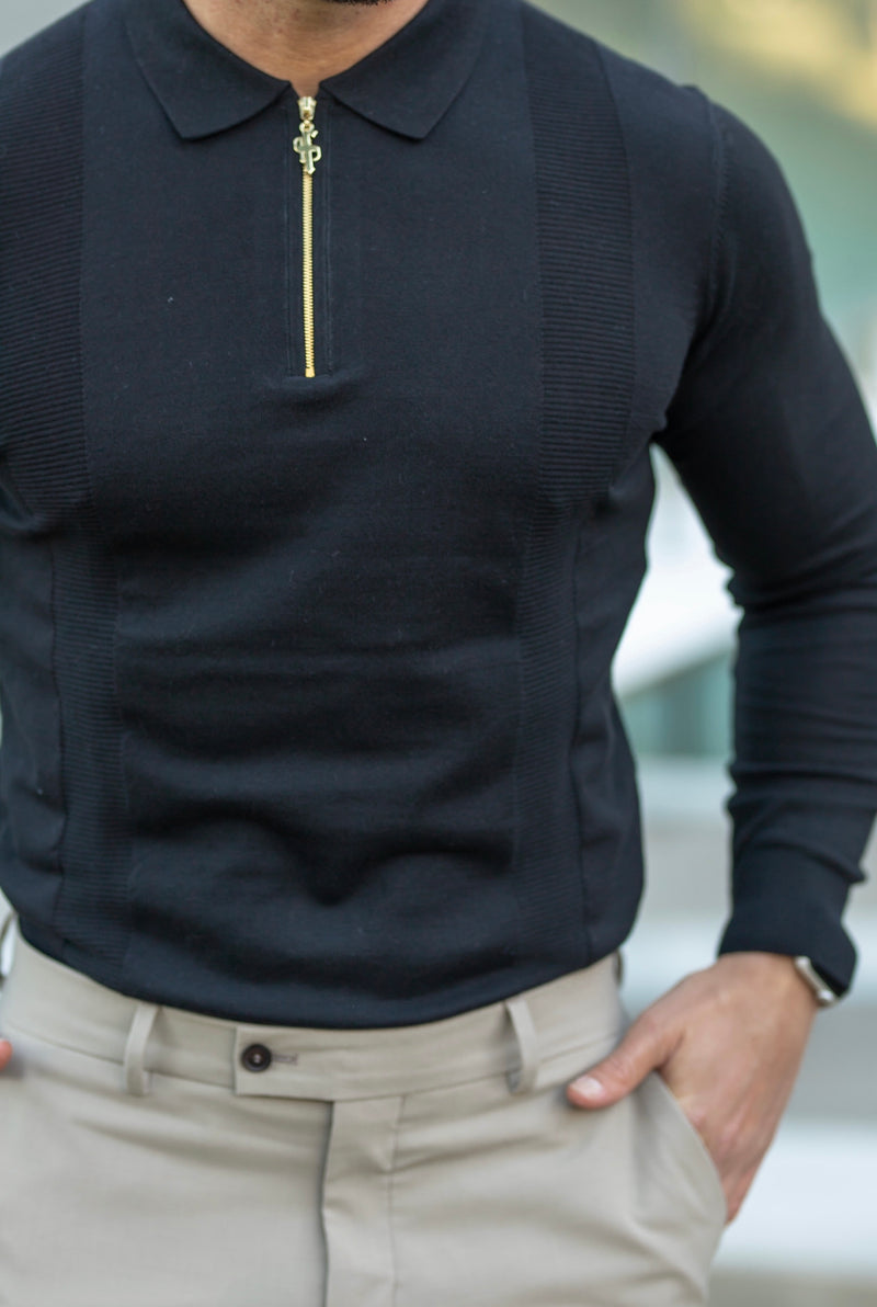 Father Sons klassisches gestricktes Langarm-Poloshirt mit Reißverschluss in Schwarz und Gold – FSH564