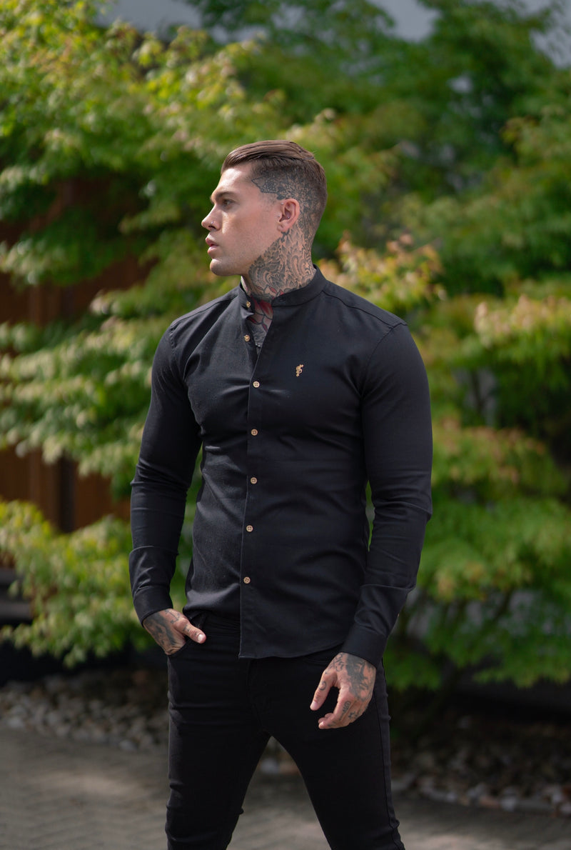 Father Sons Super Slim Stretch Black Denim Long Sleeve Grandad collar with Metal Buttons and Decal Emblem - FS707