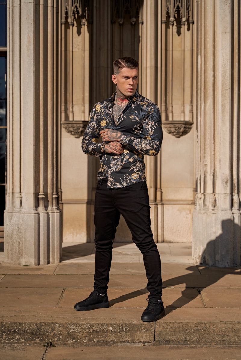 Father Sons Super Slim Stretch Dark Jungle Print Long Sleeve with Button Down Collar - FS906