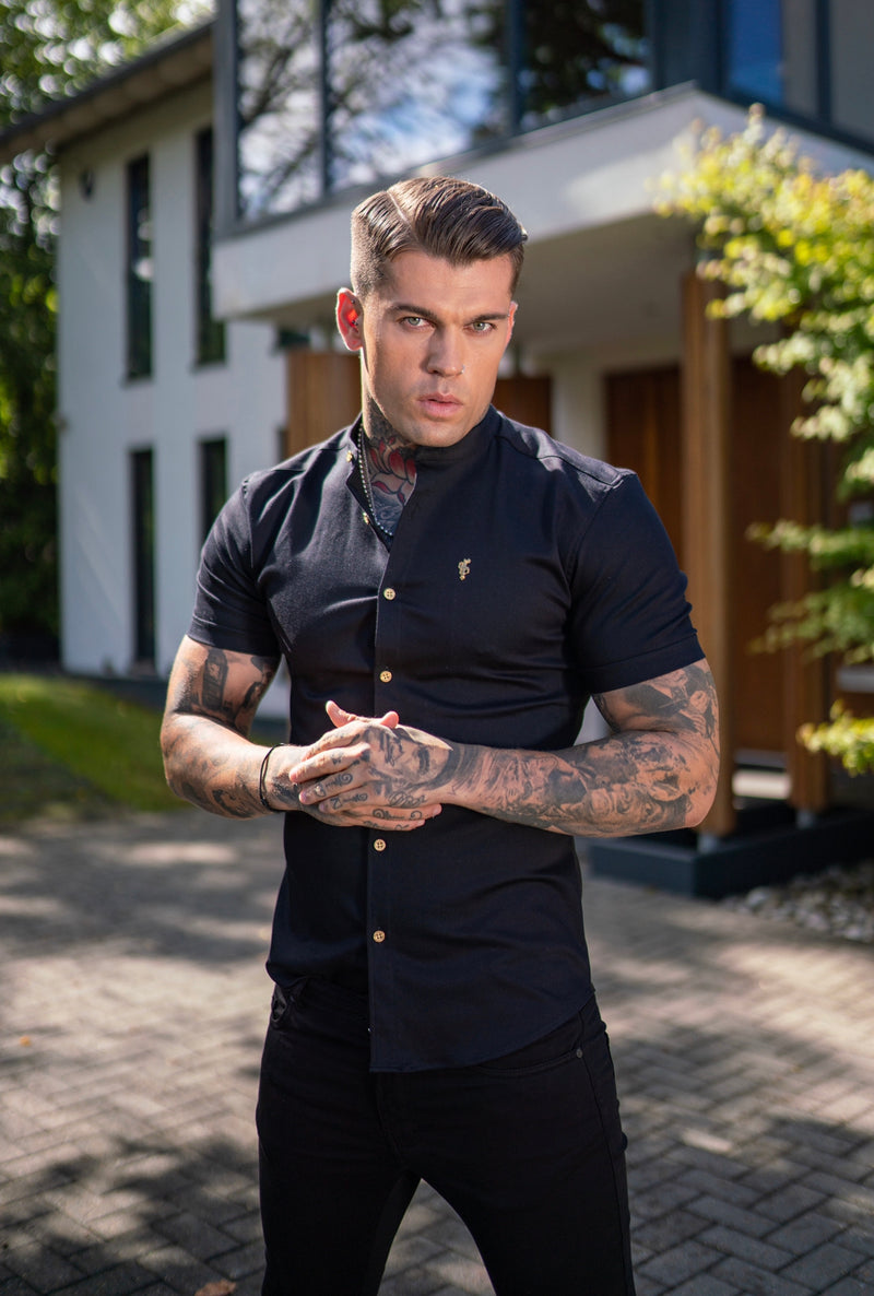 Father Sons Super Slim Stretch Black Denim Short Sleeve Grandad collar with Metal Buttons and Decal Emblem - FS708