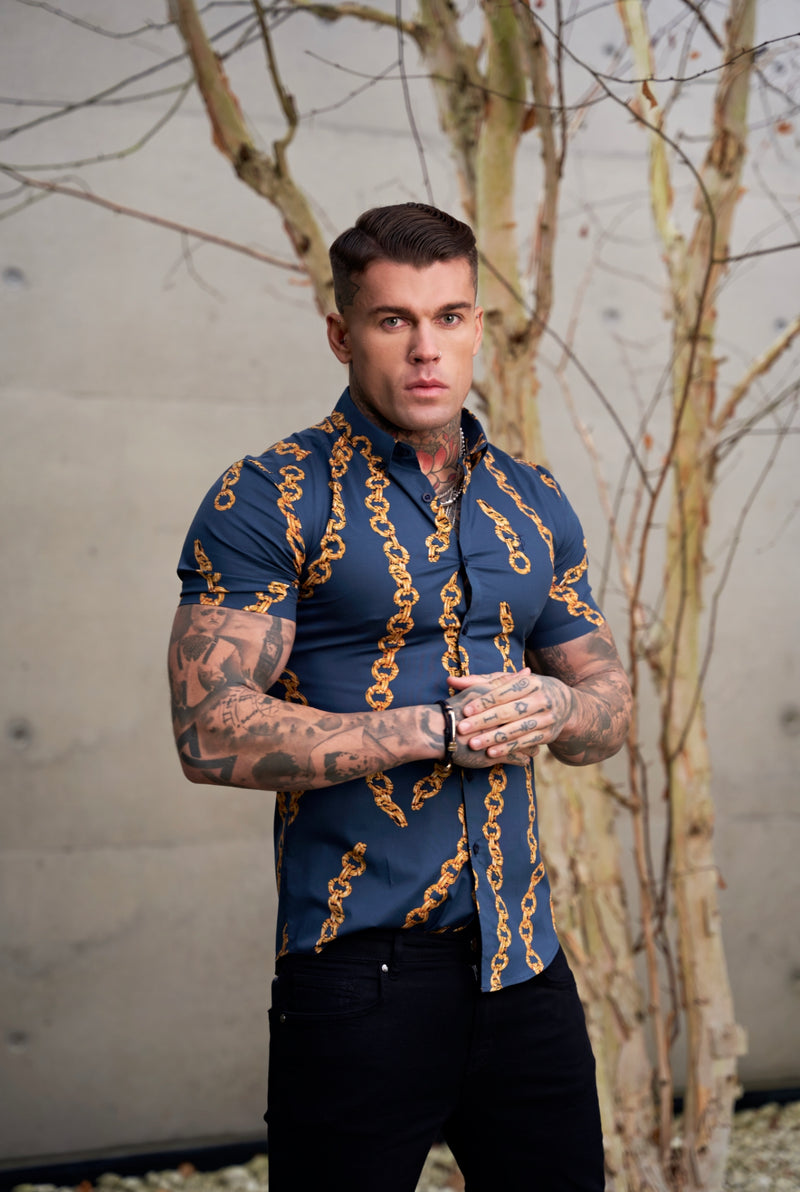 Father Sons Super Slim Stretch Airforce Blue / Gold Chain Print Short Sleeve with Button Down Collar - FS860