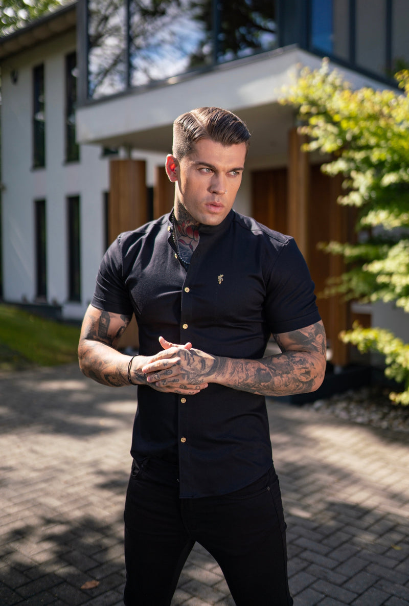 Father Sons Super Slim Stretch Black Denim Short Sleeve Grandad collar with Metal Buttons and Decal Emblem - FS708