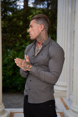 Vater Söhne Super Slim Stretch Langarmshirt mit abstraktem Print in Schwarz und Cremeweiß mit Button-Down-Kragen - FS786