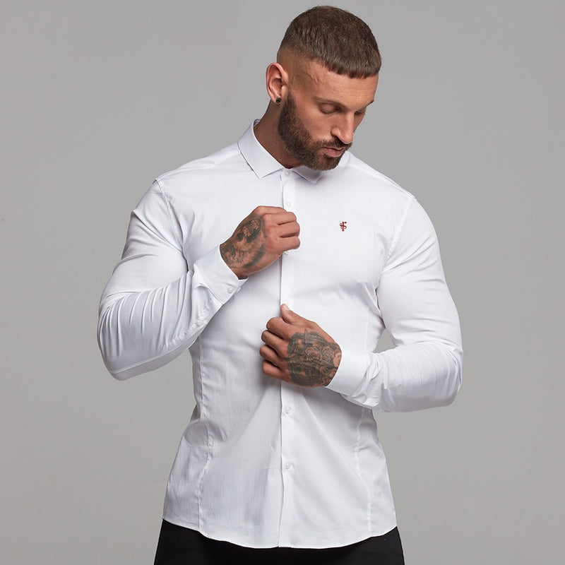 Father Sons Super Slim Stretch Classic White Panel Shirt (Burgundy embroidery) - FS316 (LAST CHANCE)