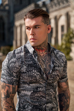 Father Sons Super Slim Stretch Grey / Black Peacock Print Short Sleeve with Button Down Collar - FS913