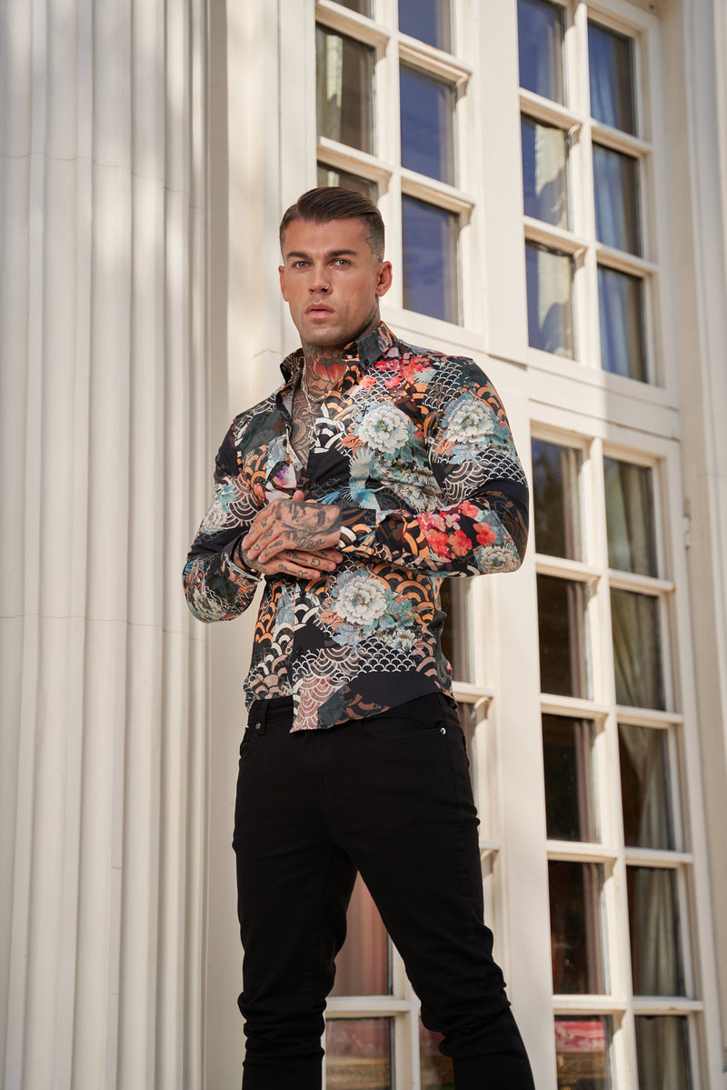 Father Sons Super Slim Stretch Multi Oriental Print Langarmshirt mit Button-Down-Kragen – FS771