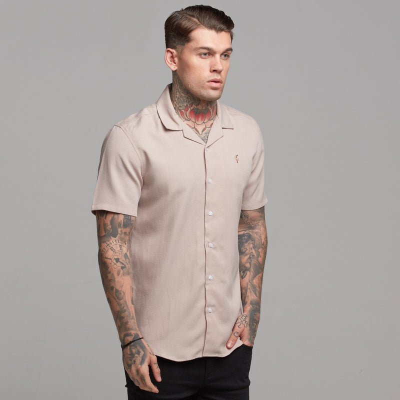 Father Sons Classic Nude Linen effect Short Sleeve Revere Shirt - FS445