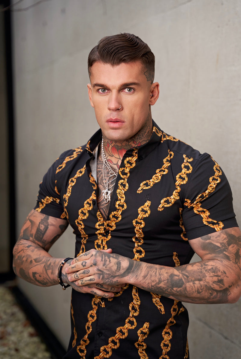 Father Sons Super Slim Stretch Black / Gold Chain Print Short Sleeve with Button Down Collar - FS857