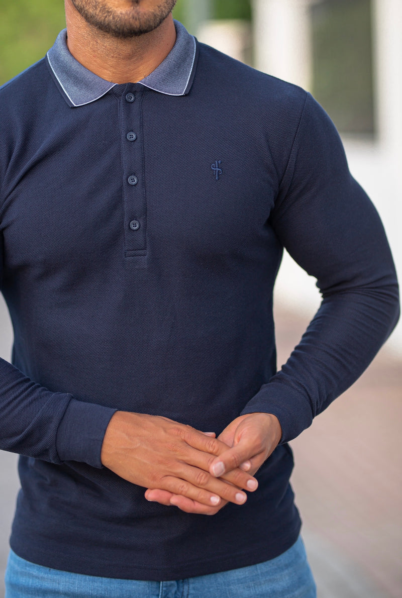 Father Sons klassisches dunkelblaues Poloshirt mit Wabenstruktur und Kontrastkragen, langärmlig – FSH425