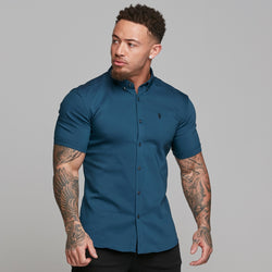 Father Sons Super Slim Ultra Stretch Classic Teal Short Sleeve (Charcoal Buttons) -  FS485