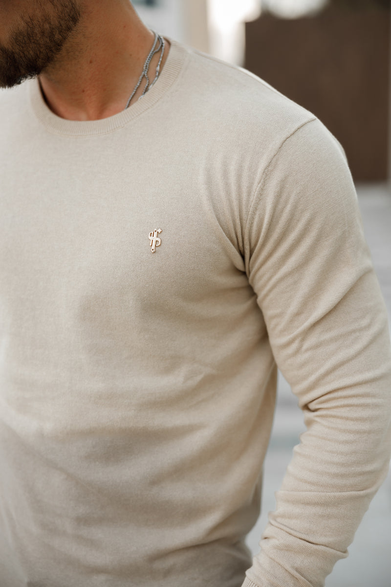 Father Sons Classic Beige Light Weight Knitted Crew Neck with Gold Metal Decal - FSN093