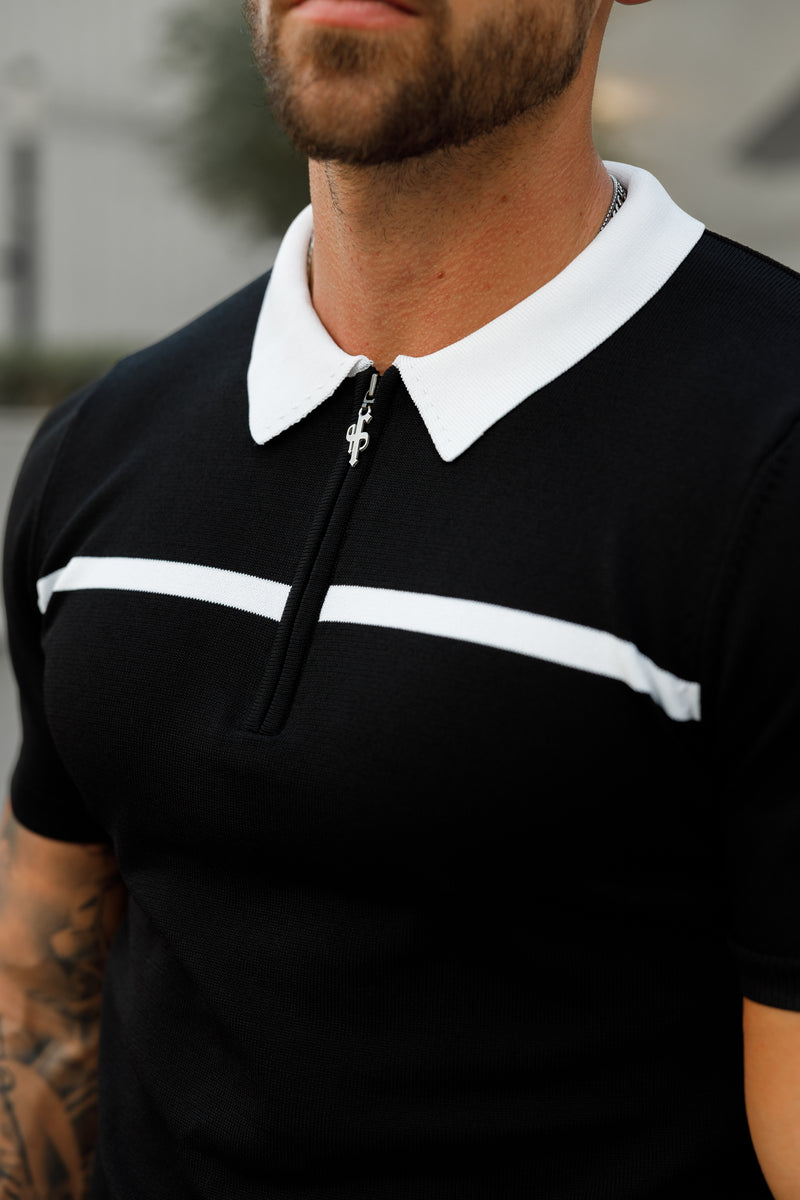 Father Sons klassisches kurzärmliges Poloshirt mit Reißverschluss in Schwarz/Weiß mit horizontalen Streifen – FSN038