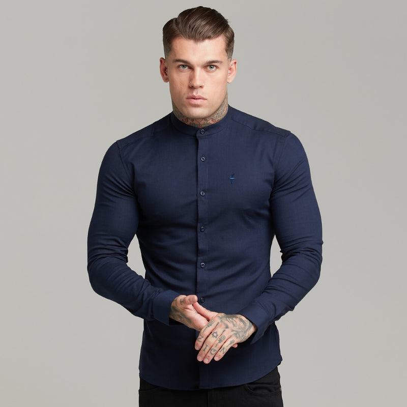 Father Sons Super Slim Stretch Grandad Collar Classic Navy Oxford Langarm – FS583