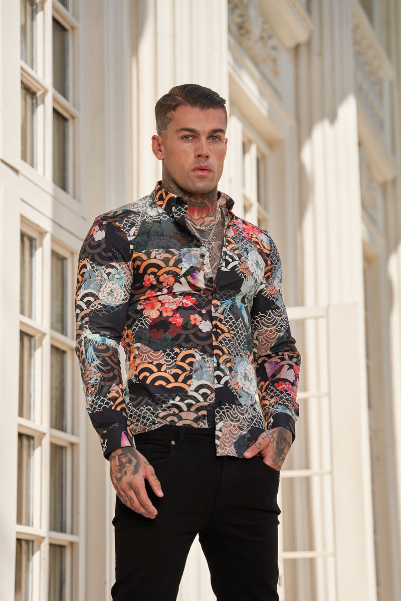 Father Sons Super Slim Stretch Multi Oriental Print Langarmshirt mit Button-Down-Kragen – FS771