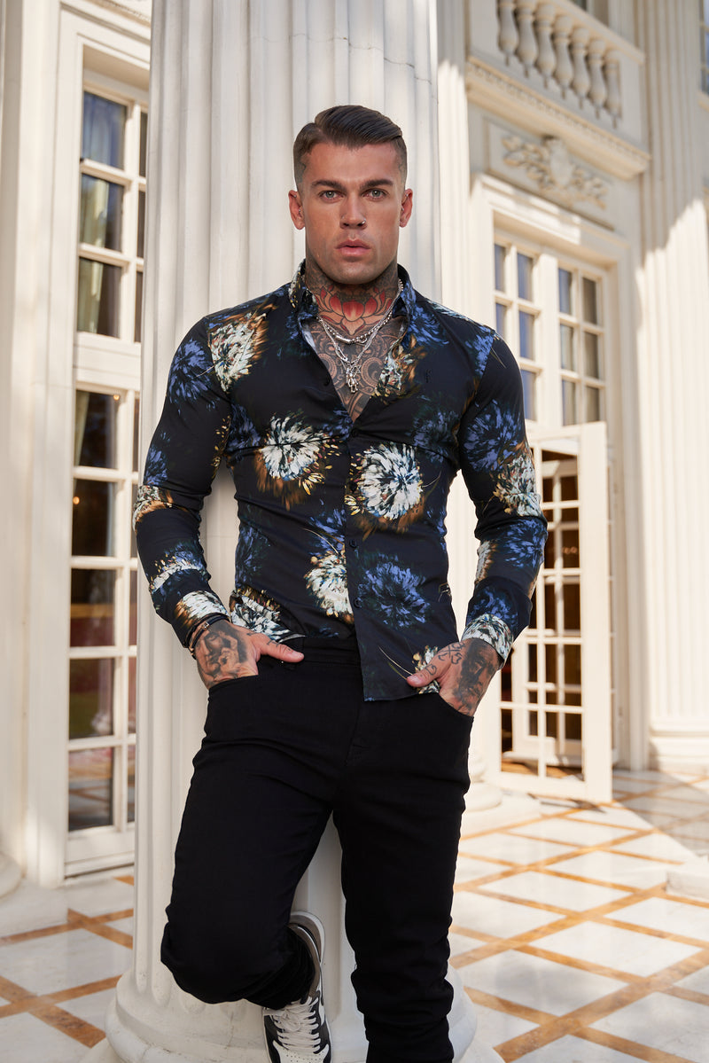 Father Sons Super Slim Stretch Black Base Blurred Flower Print Langarmshirt mit Button-Down-Kragen – FS800