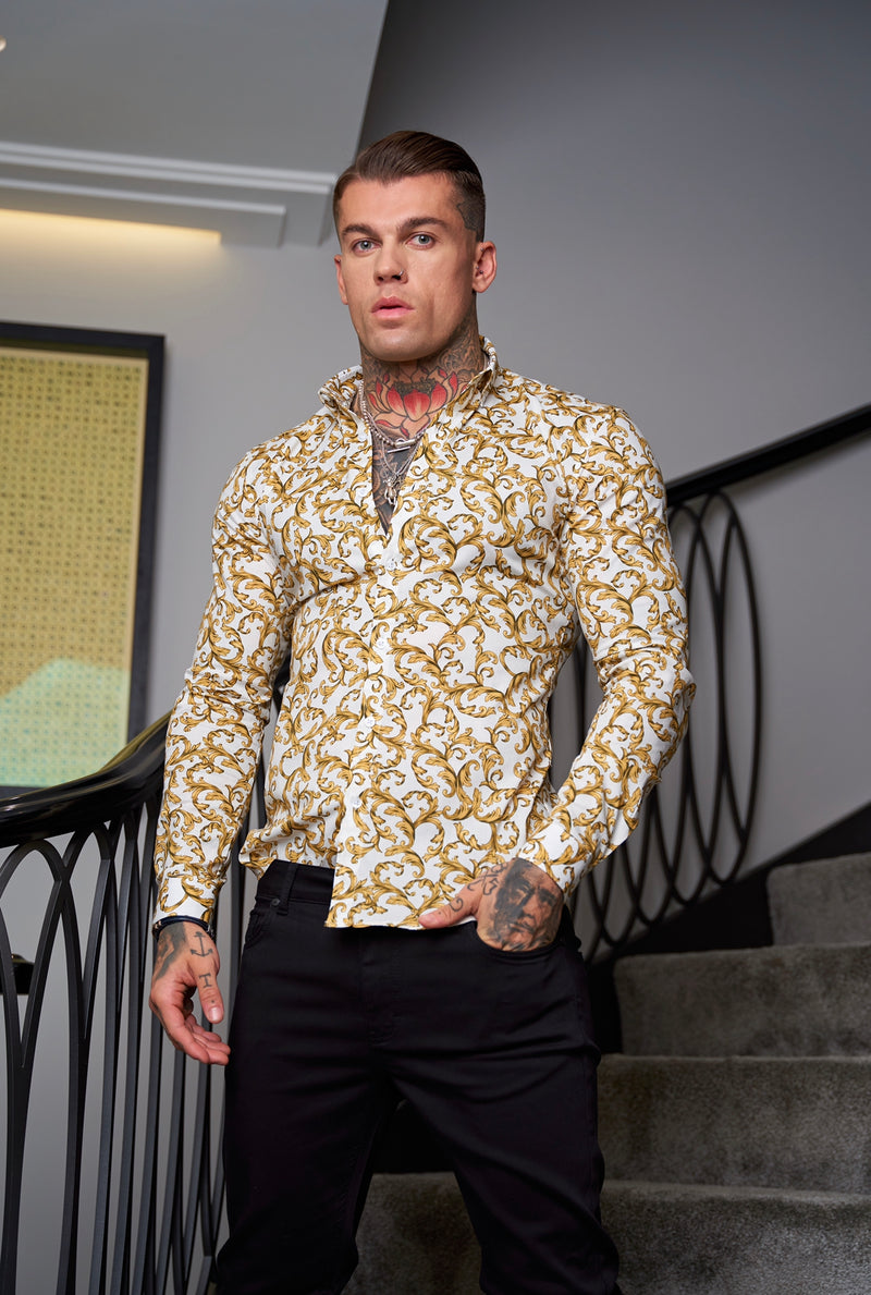 Father Sons Super Slim Stretch Weiß / Gold Scroll Print Langarm mit Button-Down-Kragen – FS822