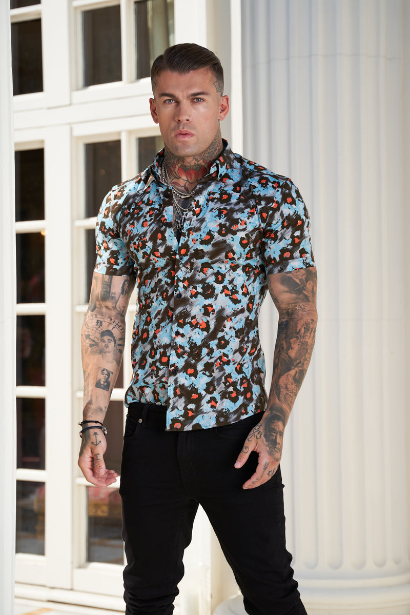 Father Sons Super Slim Stretch Multi Colour Abstract Leopard Print Short Sleeve with Button Down Collar - FS790