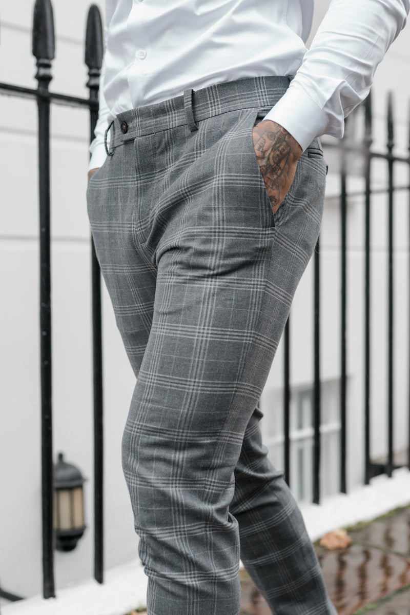 Father Sons Slim Formal Large Silver Grey Check Stretch Trousers - FST005