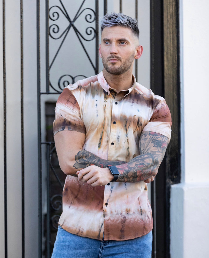 Father Sons Super Slim Stretch Neutral Tie Dye Print Kurzarm mit Button-Down-Kragen – FS813