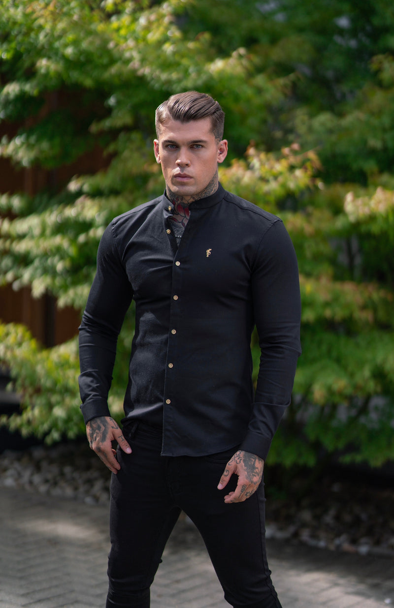 Father Sons Super Slim Stretch Black Denim Long Sleeve Grandad collar with Metal Buttons and Decal Emblem - FS707