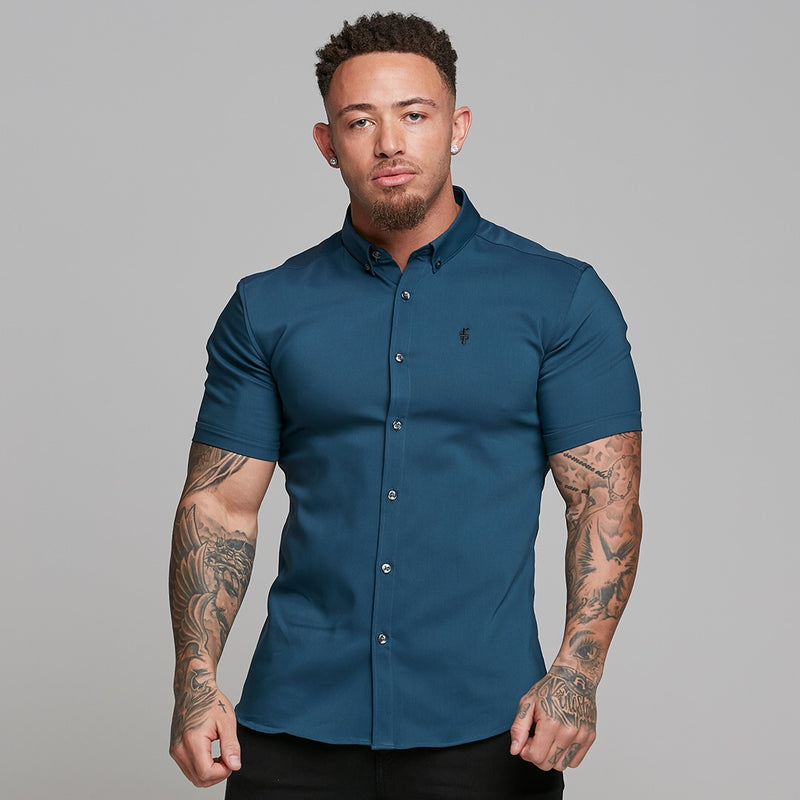 Father Sons Super Slim Ultra Stretch Classic Teal Short Sleeve (Anthrazitfarbene Knöpfe) – FS485