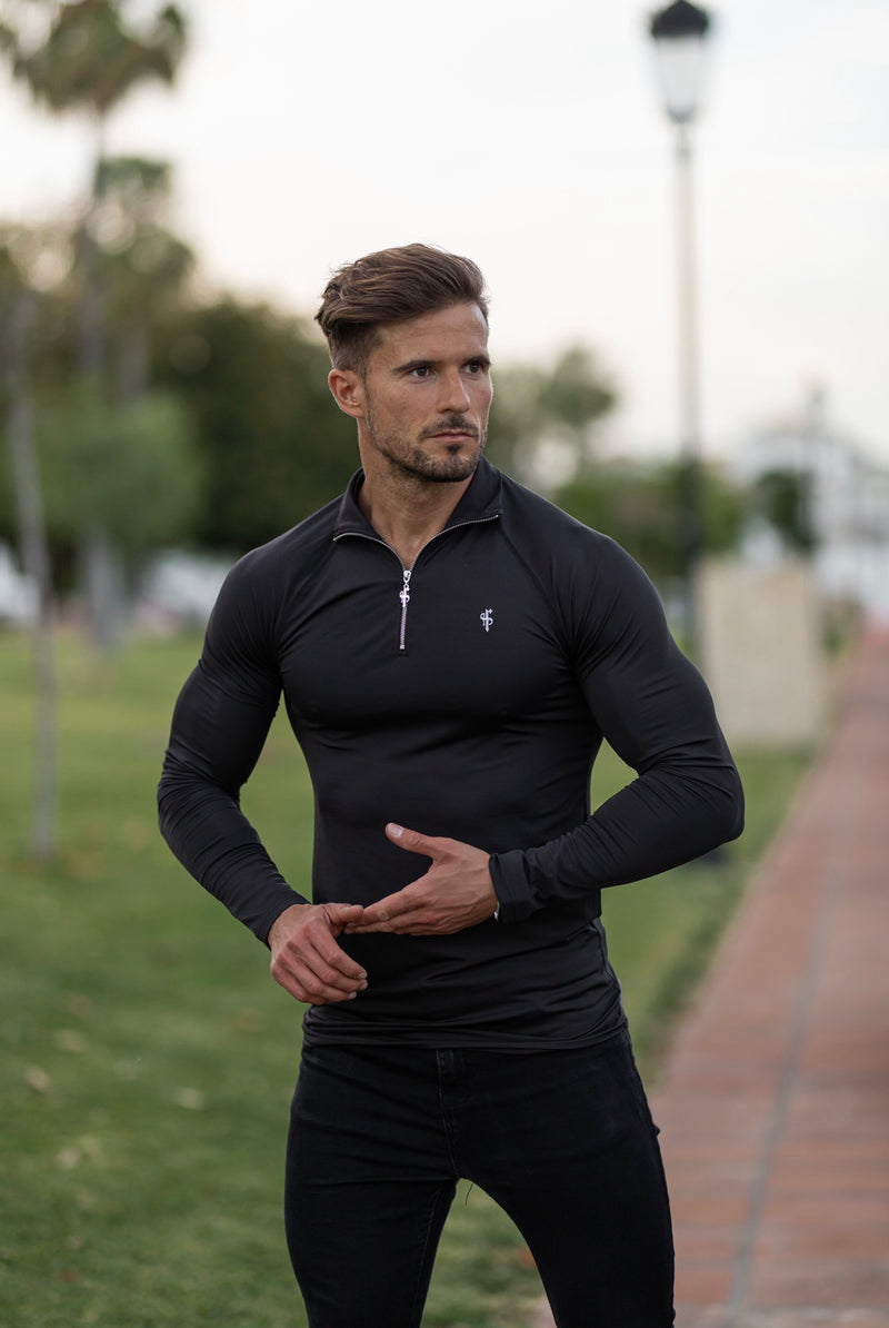 Father Sons Long Sleeve Solid Black Half Zip Gym Top - FSH634