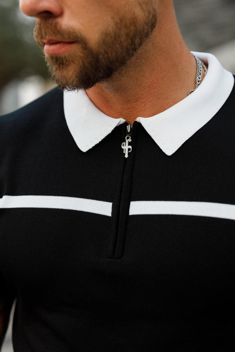 Father Sons klassisches kurzärmliges Poloshirt mit Reißverschluss in Schwarz/Weiß mit horizontalen Streifen – FSN038