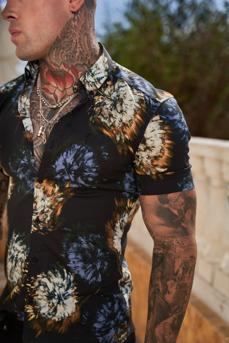 Father Sons Super Slim Stretch Black Base Blurred Flower Print Short Sleeve with Button Down Collar - FS801