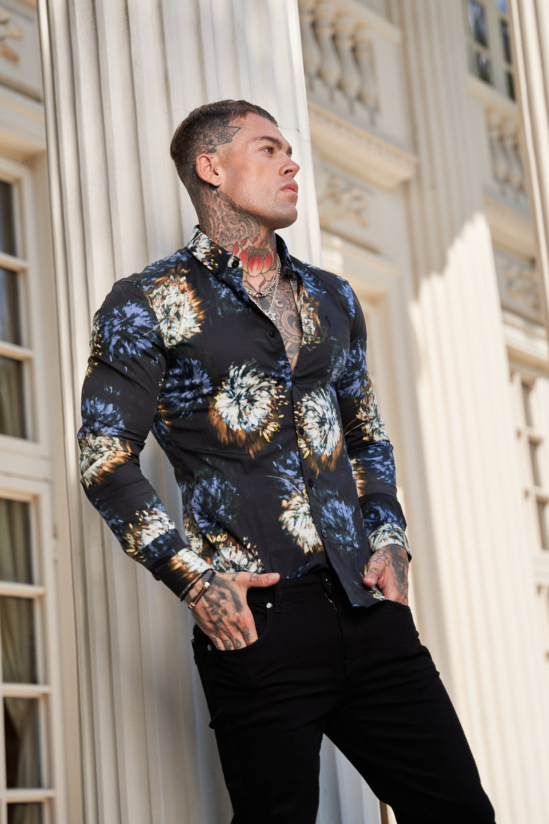 Father Sons Super Slim Stretch Black Base Blurred Flower Print Long Sleeve with Button Down Collar - FS800