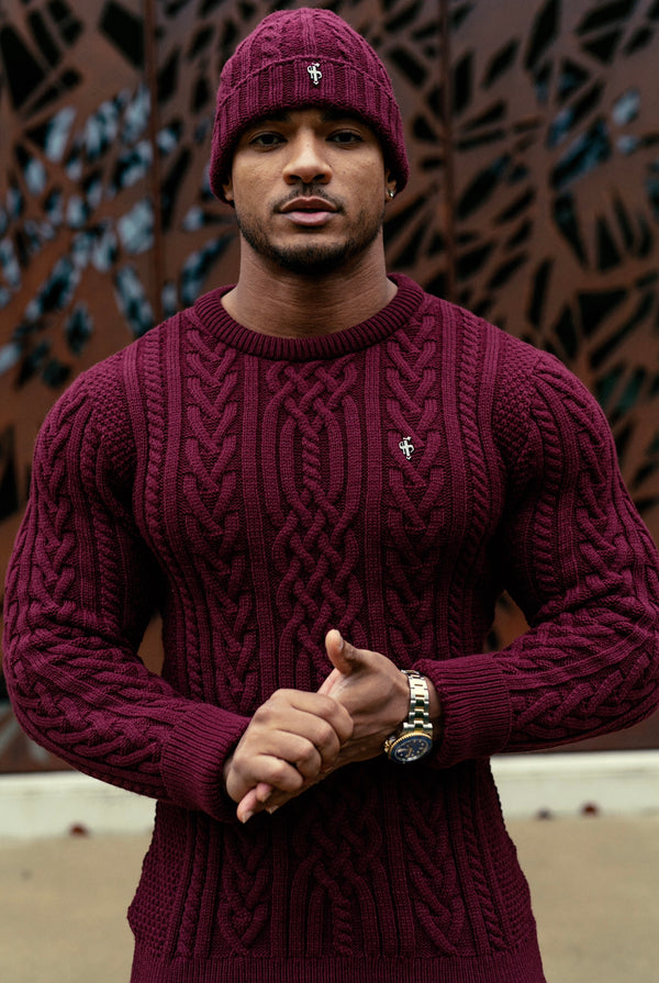 Father Sons Burgundy Twisted Braid Weave Super Slim Jumper mit Gunmetal-Aufkleber – FSJ043