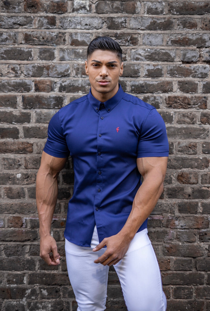 Father Sons Super Slim Stretch Navy Denim Short Sleeve (Red Emblem) - FS199