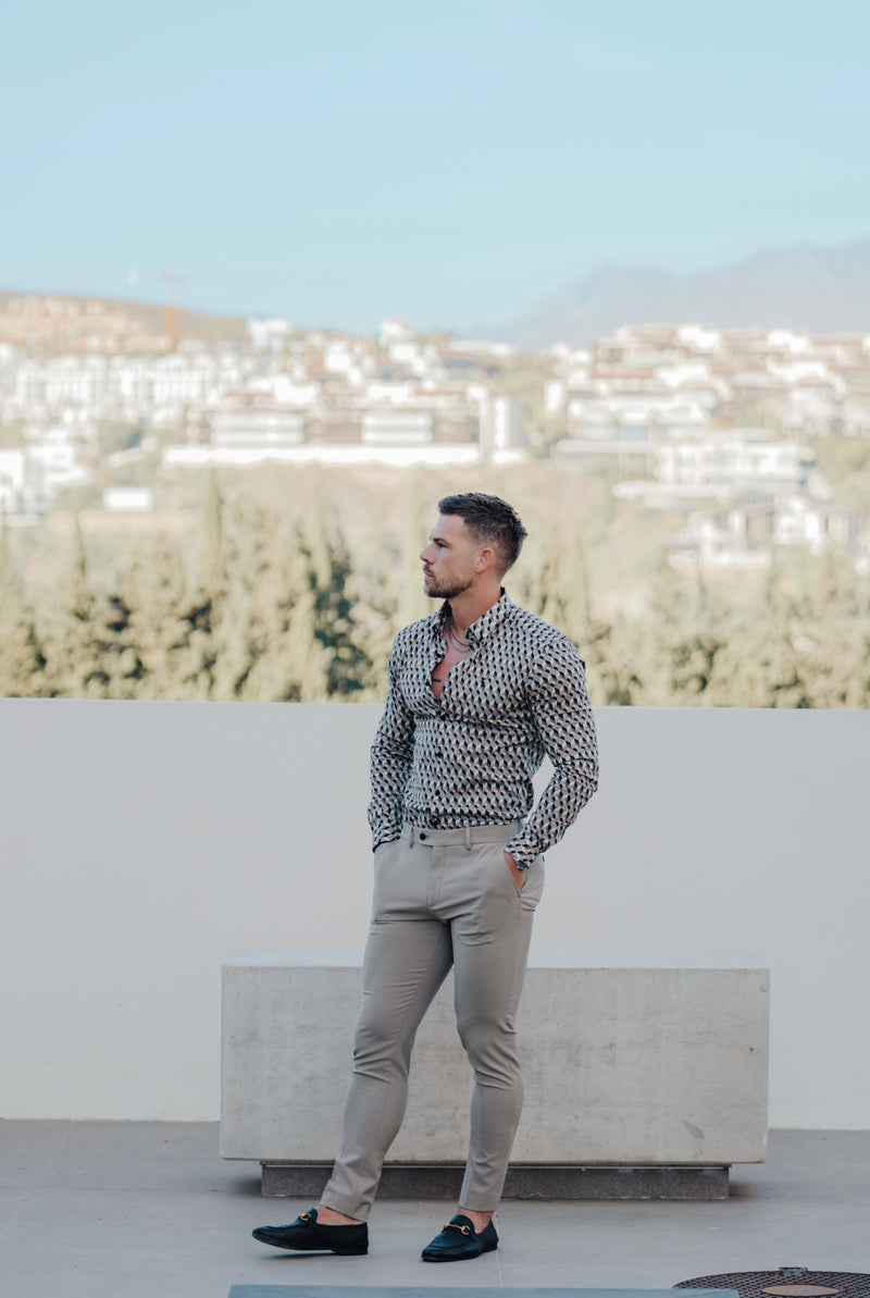 Father Sons Super Slim Stretch Grey / Beige Chevron Print Long Sleeve with Button Down Collar - FS904