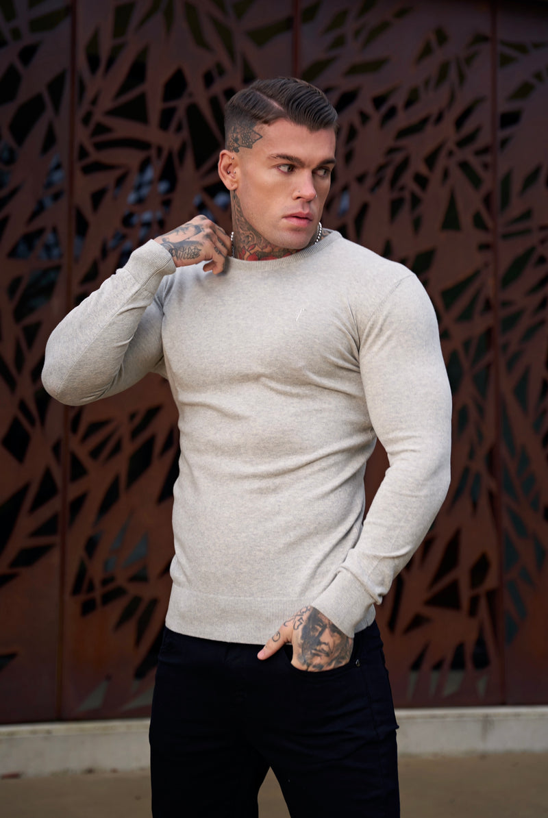 Father Sons Classic Light Grey Marl Crew Neck Knitted Jumper with Tonal Emblem - FSH674