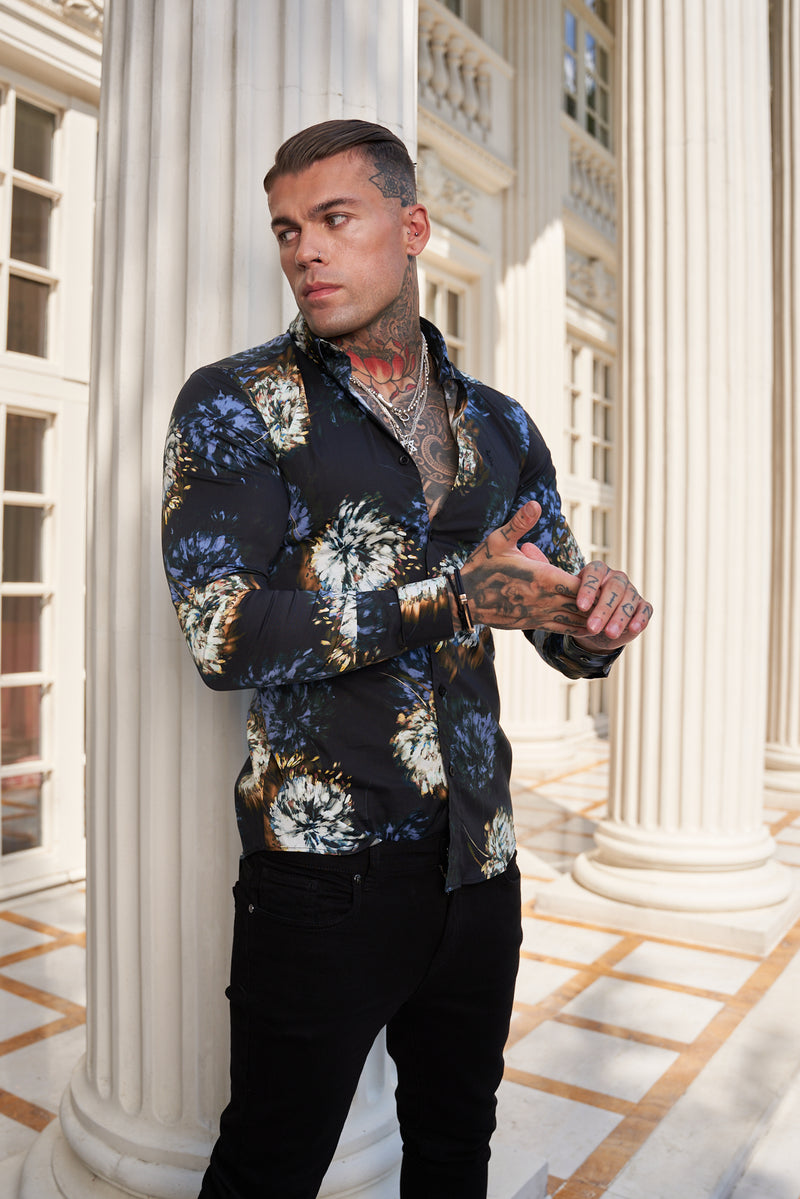 Father Sons Super Slim Stretch Black Base Blurred Flower Print Long Sleeve with Button Down Collar - FS800